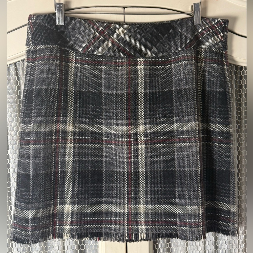 Eddie Bauer Preppy Academia A-Line Tartan Plaid Wool Blend Fringed Hem Skrit